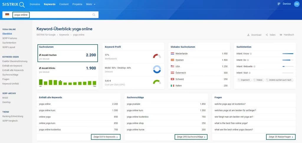 Keyword-Recherche mit dem SEO-Tool Sistrix